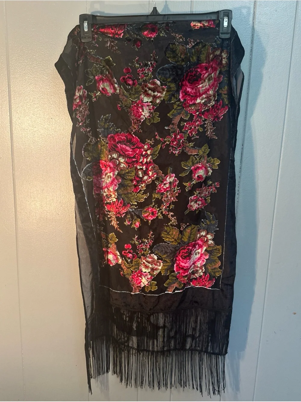 Vintage Black Velvet Burnout Floral Fringe Scarf with Pink and Green Roses